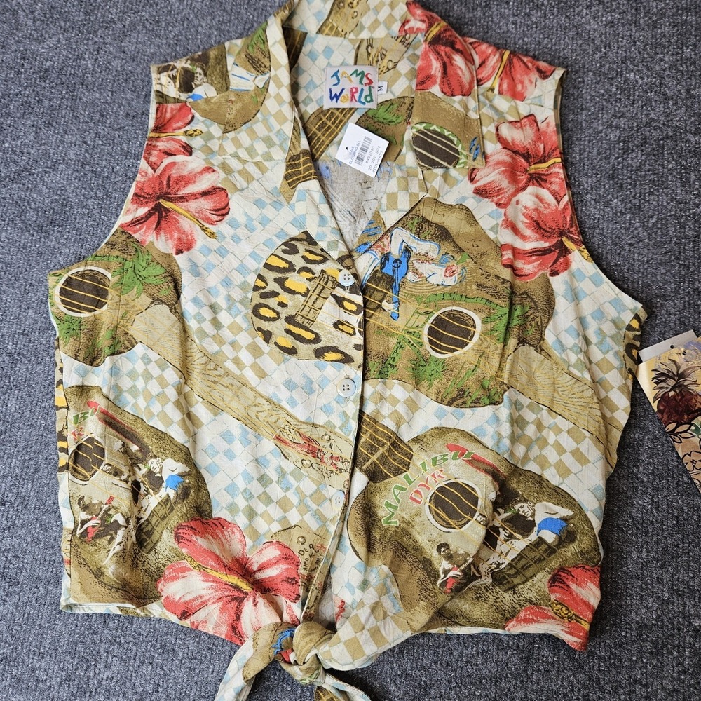 NWT Jams World Women's Sleeveless Shirt Tie Front Size Medium Hibiscus Ukulele